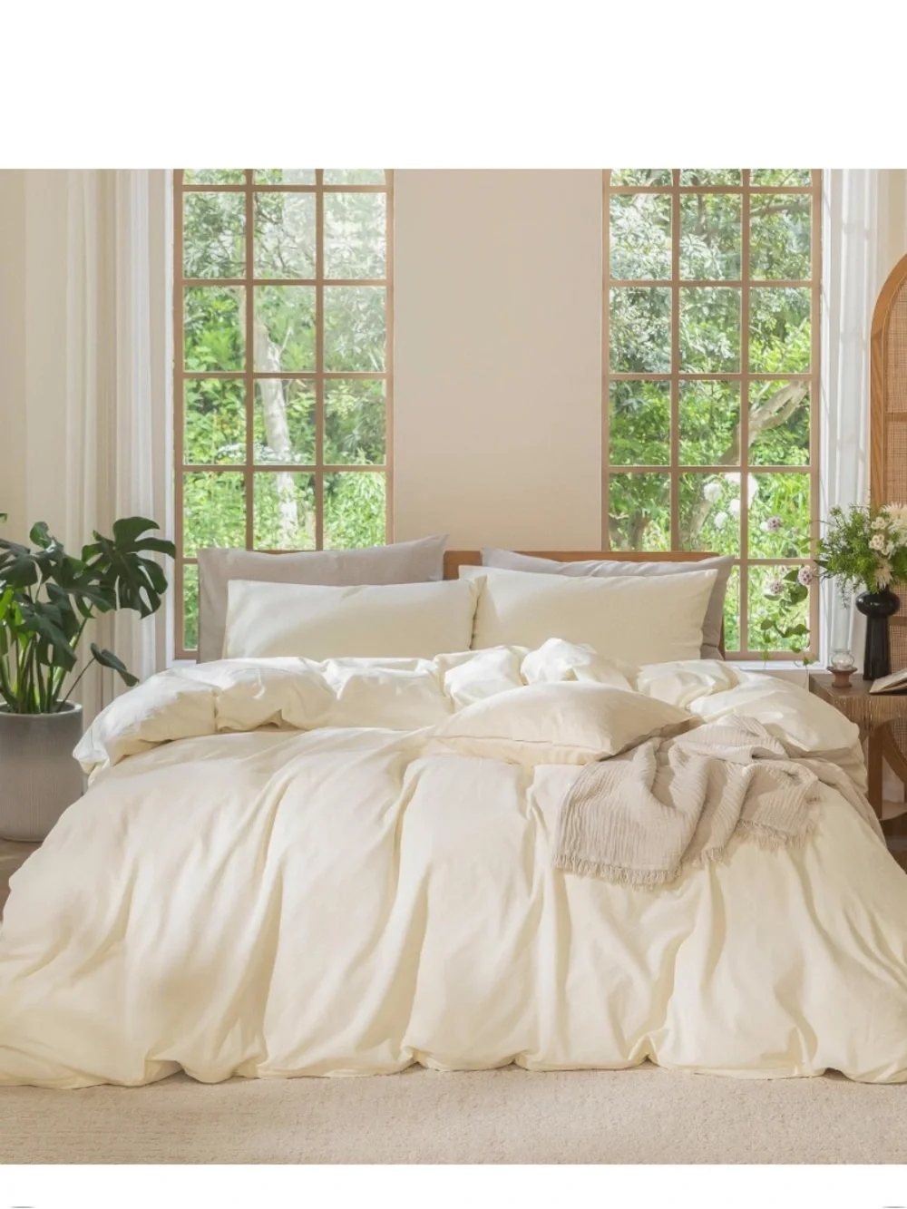 KING Neutral Duvet 3Pc Set 100% Washed Cotton Linen-Like - CREAM